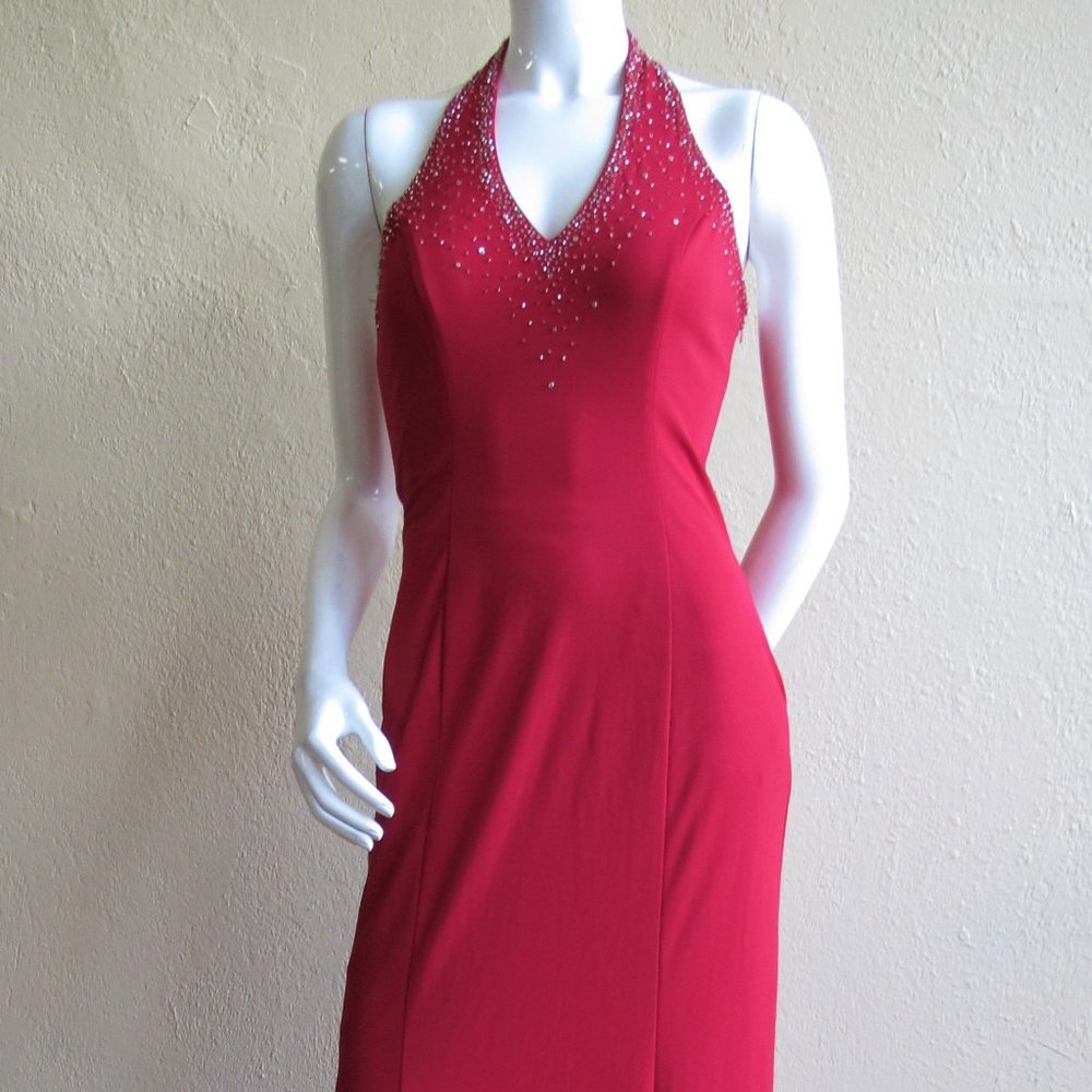 Niki by Niki Livas Red Halter Style Open Back Maxi Gown - Picture 4 of 7